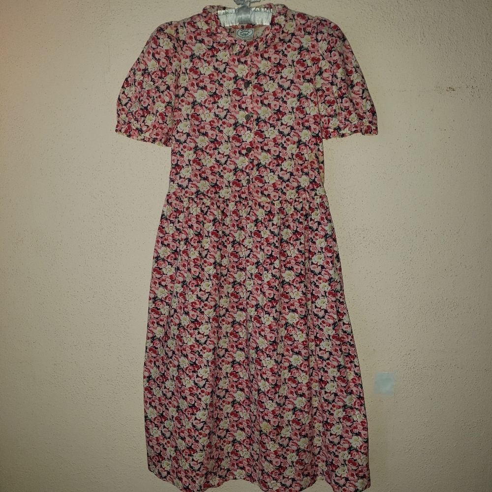LAURA ASHLEY Vintage 80s Puff Sleeve Red Floral Button Up Dress 30" Waist 10